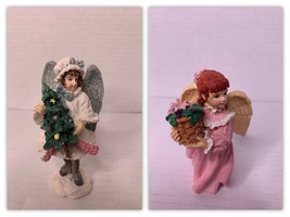 Set Of 2 Ceramic Angel Figurines One Holding Flower Basket One Holding a Tree - £6.41 GBP