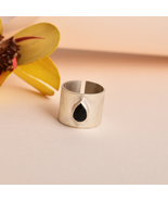 Unisex Black Onyx Pear 925 Sterling Silver Broad Band Ring - £96.62 GBP