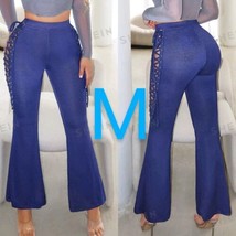 Blue Denim Lace-Up Side Flare Leg Pants~Size M - £17.91 GBP