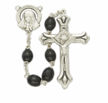 Oval Black Wood Beads And Madonna Center Rosary Cross Crucifix Necklace - £32.23 GBP
