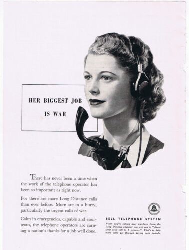 Bell Telephone Print Ad Her Biggest Job Is War 1940s - $9.89