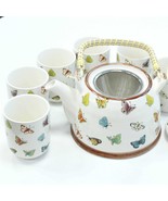 Butterflies Design Ceramic Teapot / Strainer / 6 Matching Cup Set - $45.06 CAD