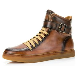 Men&#39;s J75 by Jump Sullivan Tan Hand-Paint Leather High Top Sneakers  - $150.00
