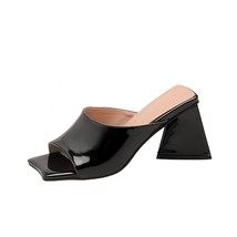 Designed Sexy Street High Heel Slides Ladies Square toe Triangle Thick Heel Sand - £42.82 GBP