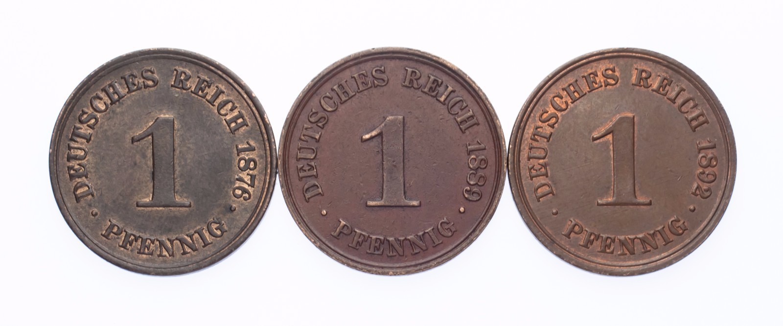 1876-A, 1889-A & 1892-A Germany 1 Pfennig Lot of 3 Coins (XF-AU Condition) Item image 2