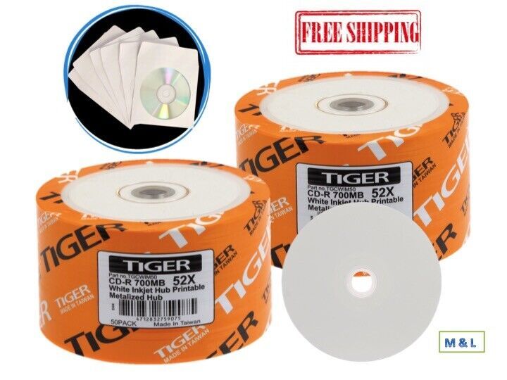 200-PK 52X Tiger White Inkjet Hub Printable Blank CD-R Disc + 200 Paper ...