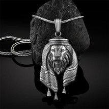 Men&#39;s Lion Necklace, Arabian Lion Head Pendant Necklace with 25.5&quot;Chain, Hip Hop - £27.52 GBP