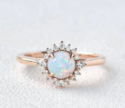 Natural Opal Engagement Ring, 14K Rose Gold Plated Flower Shape Wedding Ring - £56.49 GBP