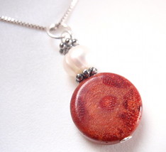 Red Coral and Cultured Pearl 925 Sterling Silver Pendant - £15.81 GBP