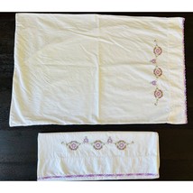 Vintage Embroidered Cotton Pillowcase Set Of 2 Standard With Crocheted E... - £17.38 GBP