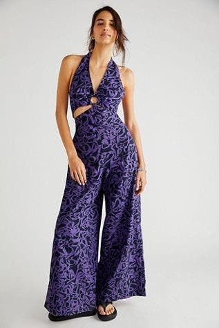 Primary image for New Free People Kira Jumpsuit $148 X-SMALL Purple & Black CUTOUTS Halter Neck