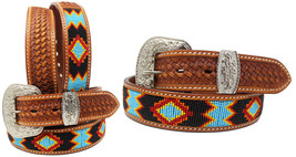 Men&#39;s Women Unisex Handmade Beaded Basket Weave Tooled Leather Belt 26RT01 - $67.99