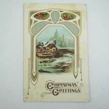 Antique Christmas Greetings Postcard Snowy Mill Creek and Bridge Winter Embossed - £4.71 GBP