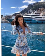 Luxe Spell NAT&amp;LIV Comino Couture Deep V plunge tiered dress Floral Blue... - $206.17 CAD
