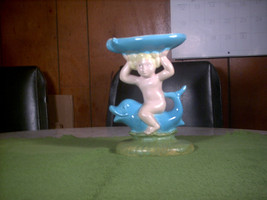 Vintage Pedestal Soap Dish Cherub/Boy on a Blue Dolphin Possibly Holland Mold - £23.95 GBP