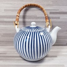 White Blue Striped 24 oz. Porcelain Teapot with Bamboo Handle - £20.86 GBP