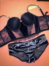 Victoria&#39;s Secret Longline 32D,34D Bra Set Corset Top M Velvet Velour Navy Blue - £62.56 GBP