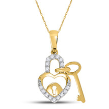 10kt Yellow Gold Womens Round Diamond Heart Lock Key Dangle Pendant 1/10 Ct - £140.36 GBP