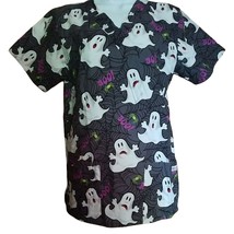 Halloween Scrubs Top Uniform Advantage Small 2 Pocket Ghosts Boo Black Spiders - £19.64 GBP