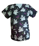 Halloween Scrubs Top Uniform Advantage Small 2 Pocket Ghosts Boo Black S... - £19.35 GBP