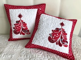 Quilted Christmas pillowcases, Christmas tree quilted, Xmas red pillow cover - £54.68 GBP