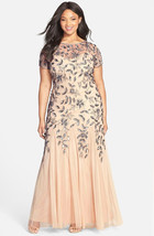 Adrianna Papell Hand Beaded Short Sleeve Floral Godet Gown In Taupe Pink 20 $300 - £201.16 GBP