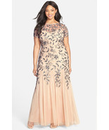Adrianna Papell Hand Beaded Short Sleeve Floral Godet Gown In Taupe Pink... - $351.79 CAD