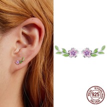 WOSTU 925 Silver Plants Purple Pink Flower Green Leaf Stud Earrings For Women Fa - £17.39 GBP