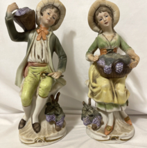 Figurines Lot of 2 Italy Wine Harvest Man and Woman 7&quot; Vintage Porcelain Homco - £15.57 GBP