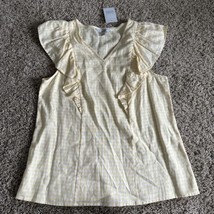 NWT Croft &amp; Barrow V Neck Sleeves Blouse Gingham Yellow/white Linen Blend Small - £13.44 GBP