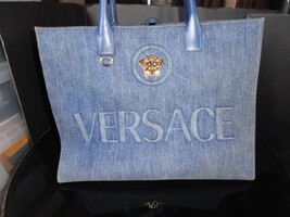 Versace Gold Logo La Medusa  Fabric Calf Leather  Denim  Blue Large Tote Bag image 13