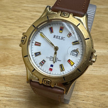 Relic Quartz Watch ZR-11213 Men Gold Tone Japan Analog Leather Date New Battery - £21.25 GBP