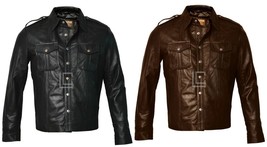 Mens Real Black Leather Police Uniform Style Quilted Shoulder Shirt Jacket - $108.00+