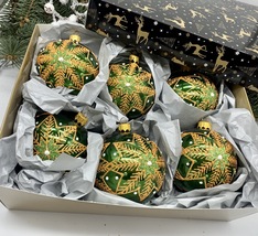Set of 6 green Christmas glass balls, hand painted ornaments with gifted... - £55.70 GBP