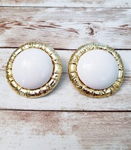 Vintage Clip On Earrings Extra Large White with Fancy Gold Tone Halo Statement - £11.79 GBP