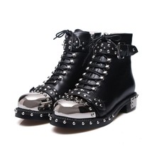 Punk Genuine Leather Boots Women Rivets Square Heels Autumn Winter Ankle Boots S - £148.64 GBP