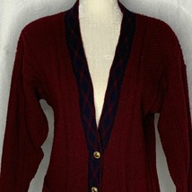 Vintage 90s Koret Knit Cardigan Sweater Womens S Maroon Blue Buttons Pockets - £21.81 GBP