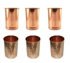 Pure Copper Water Drinking Tumbler Glass 3 Hammered 3 Plain Combo 300ML Set Of 6 - £29.11 GBP