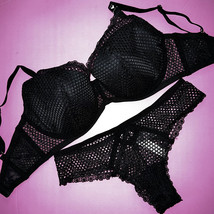 Nwt Victoria&#39;s Secret Demi 36DD Bra Set M,L Panty Black Fishnet Lace Very Sexy - £55.72 GBP