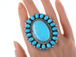 Adjustable Hemerson Brown Navajo Sterling and Kingman turquoise cluster ring - $673.20