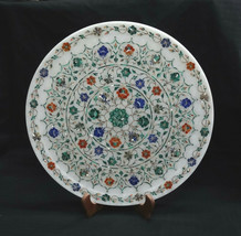 15&quot; White Marble Plate Multi Precious Stone Inlay Floral Art Kitchen Hom... - $837.24