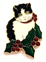 Vintage Christmas Cat Pin Black White Enamel Kitty Holly Berry Holiday J... - $12.99