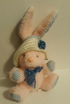 Easter Bunny Rabbit 7&quot; Plush Main Joy Ltd Pink Fuzzy Blue Gingham Straw Hat Bow - £7.54 GBP