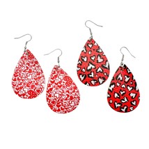 Two Pairs Valentines Earrings Hearts Teardrop Red White Black Faux Leather NEW - $7.92