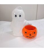 Russ Ghost Pumpkin Ceramic Candle Holder Halloween Tealight Whimsical Vi... - €22,28 EUR