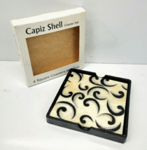 Capiz Shell MOP Coaster Set of 4 Black Paisley Swirl Design Square w/ Tray NEW - £11.96 GBP