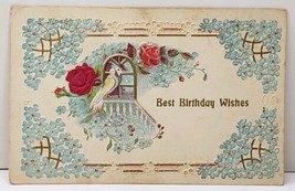 Best Birthday Wishes Embossed Flowers Doves with Satin Flower Vtg Postcard A16 - £3.95 GBP