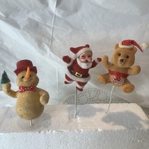 Set Of 3 Vintage Flocked Felt Christmas Picks Snowman Santa Bear Kitschy Decor - £7.99 GBP