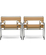 2x Chromed Steel Tube Frame Chairs with Light Brown Tan Camel Leather St... - $1,317.44 CAD