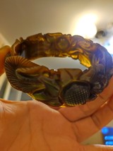Rare vintage bakelite bangle bracelet end of day green and yellow leaf and flowe - £79.13 GBP